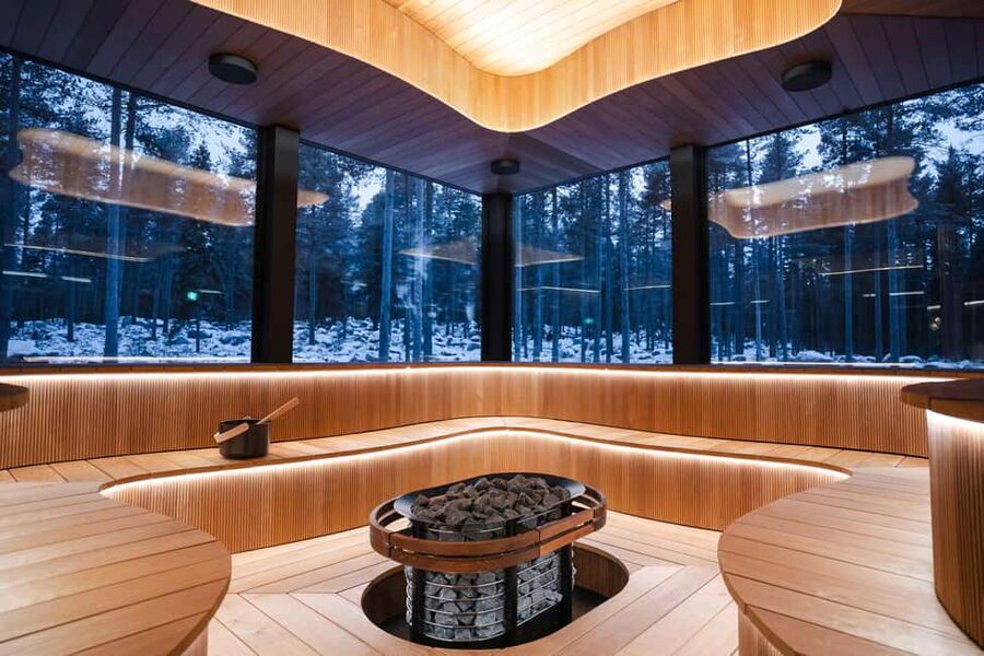 Invisible Arctic Forest Spa: Panorama sauna and hot tubs - Entering the Wave Sauna: heat with a view, not a wall